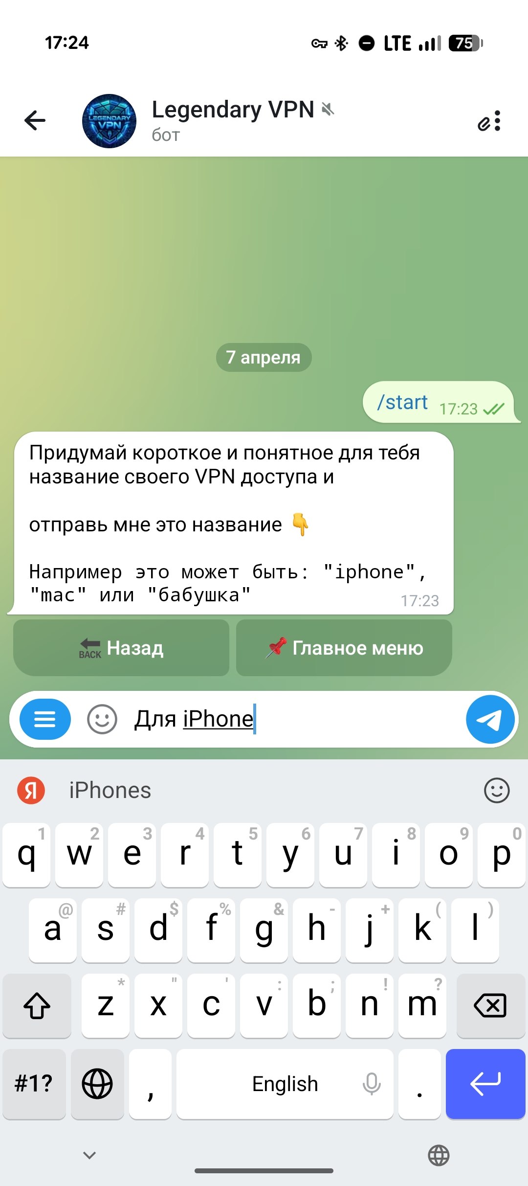 Сообщение бота с запросом названия для нового доступа
