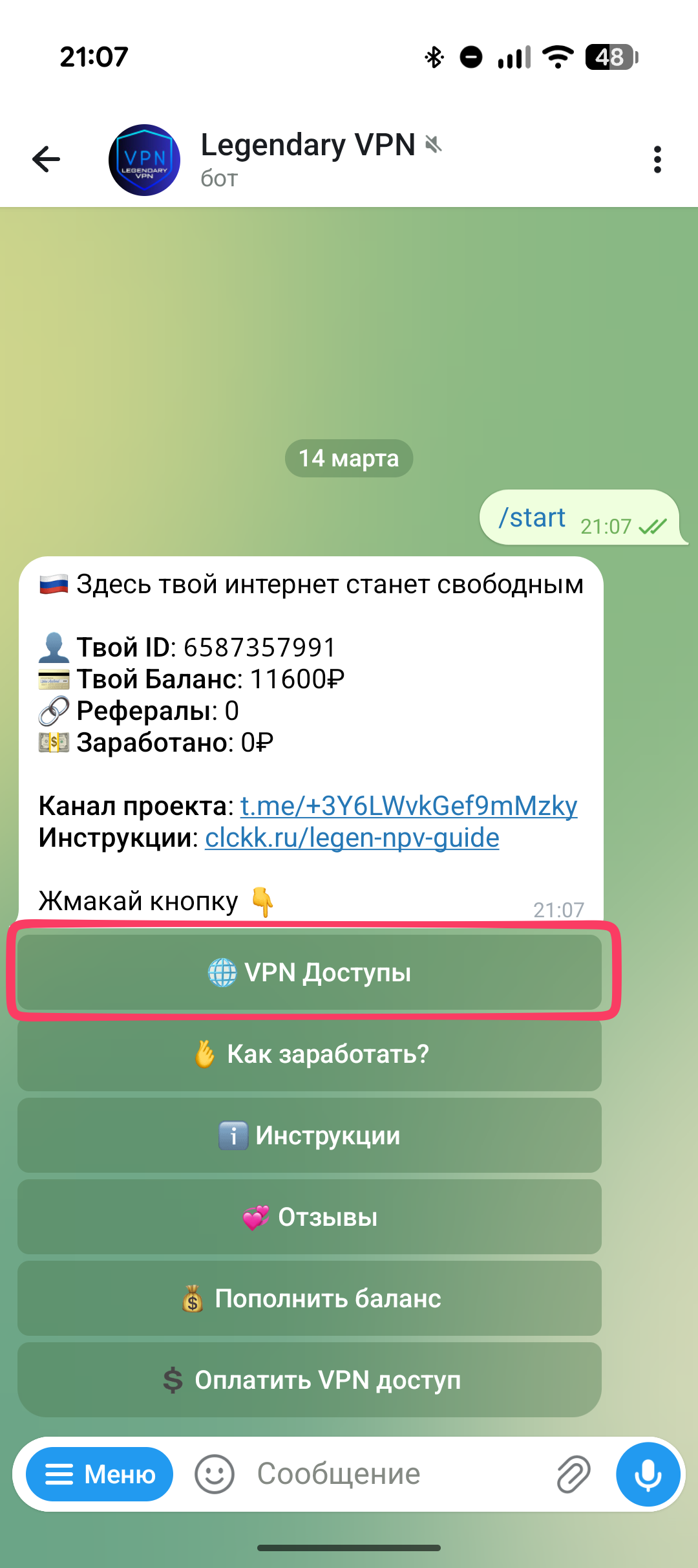 Главное меню с кнопкой VPN Доступы
