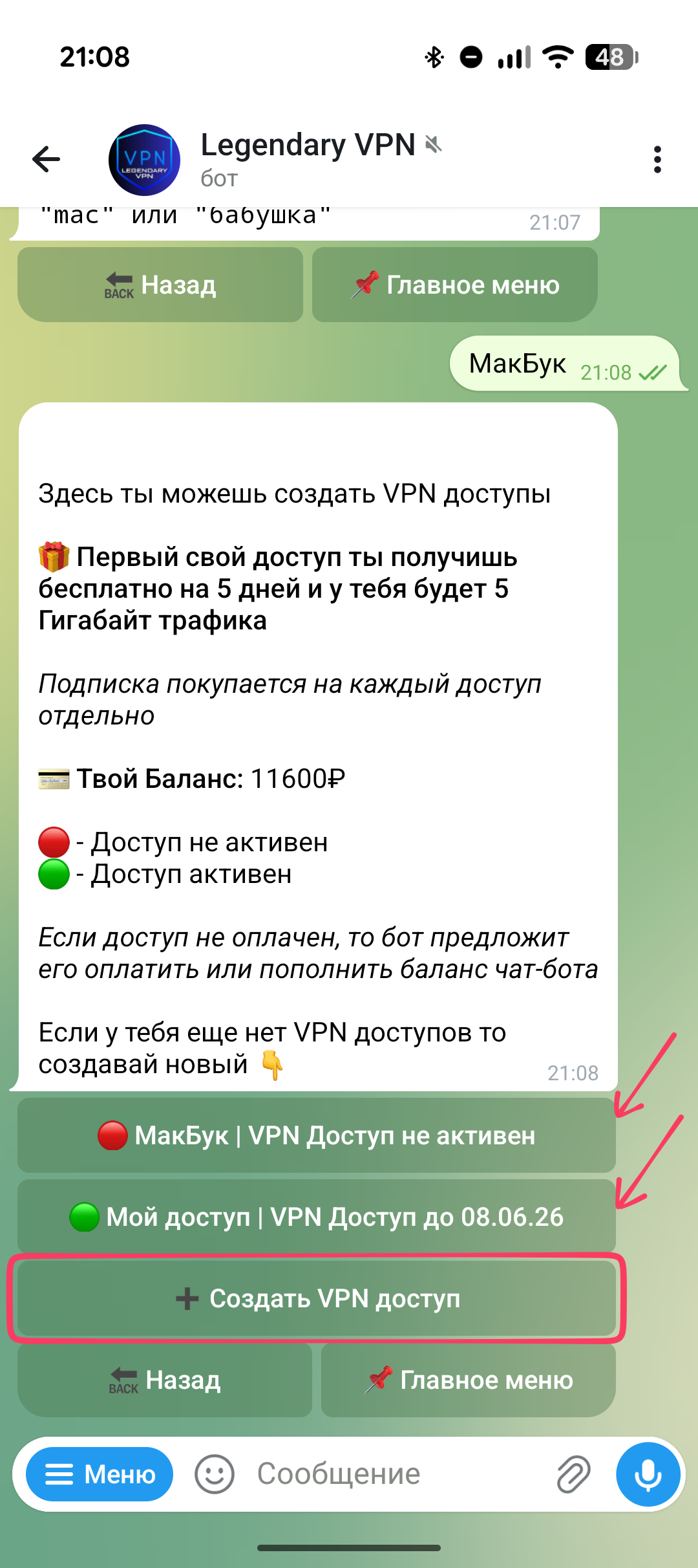 Список VPN-доступов и кнопка создания