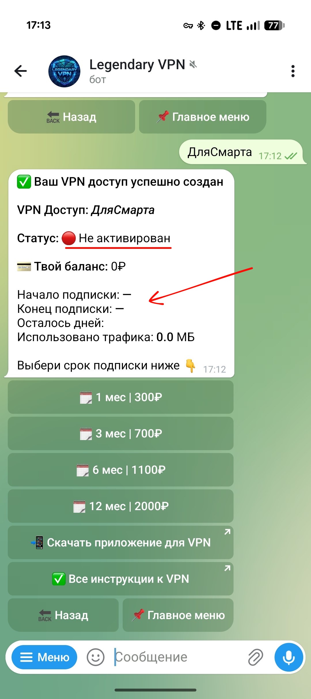 Экран выбора периода оплаты VPN-доступа